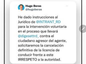 INTRANT cancelará licencia a ciudadano que agredió a DIGESETT 
